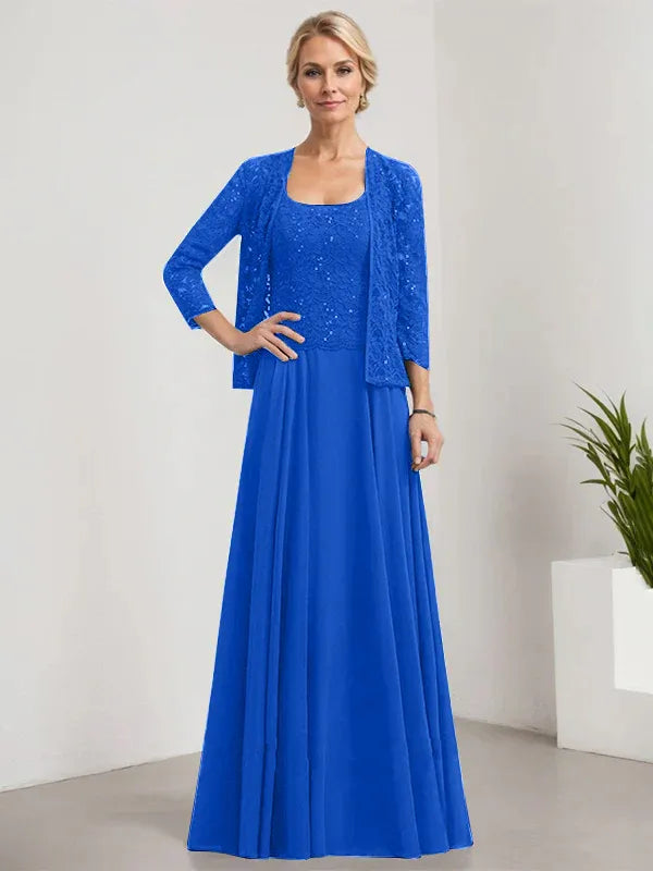 Robe de mère de la mariée trapèze carrée, longueur au sol, en mousseline de soie et dentelle, avec paillettes 