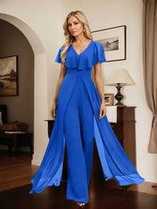 Jumpsuit/Pantsuit V-Neck Floor-Length Chiffon Evening Dress