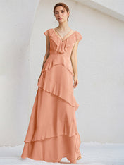 Coral Chiffon A Line V Neck Sleeveless Floor Length Dress With Ruffle
