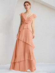 Coral Chiffon A Line V Neck Sleeveless Floor Length Dress With Ruffle