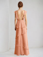 Coral Chiffon A Line V Neck Sleeveless Floor Length Dress With Ruffle