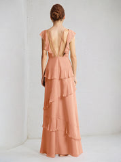 Coral Chiffon A Line V Neck Sleeveless Floor Length Dress With Ruffle