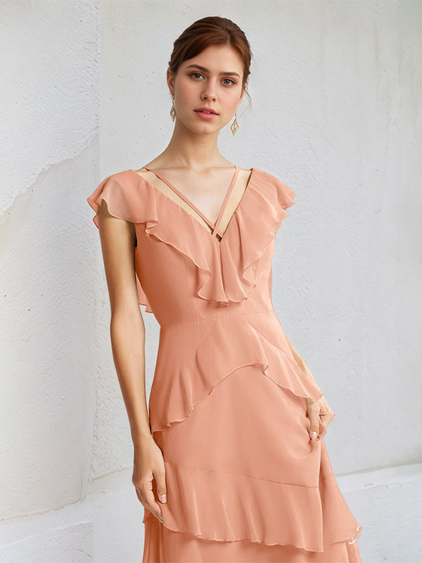 Coral Chiffon A Line V Neck Sleeveless Floor Length Dress With Ruffle