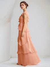 Coral Chiffon A Line V Neck Sleeveless Floor Length Dress With Ruffle