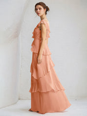 Coral Chiffon A Line V Neck Sleeveless Floor Length Dress With Ruffle