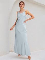 Ice Blue Sheath/Column Satin V Neck Sleeveless Floor Length Bridesmaid Dresses