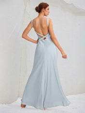 Ice Blue Sheath/Column Satin V Neck Sleeveless Floor Length Bridesmaid Dresses