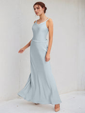 Ice Blue Sheath/Column Satin V Neck Sleeveless Floor Length Bridesmaid Dresses