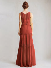 Rust Chiffon A Line Boat Neck Sleeveless Floor Length Dress