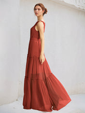 Rust Chiffon A Line Boat Neck Sleeveless Floor Length Dress