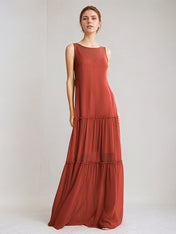 Rust Chiffon A Line Boat Neck Sleeveless Floor Length Dress