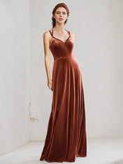 Burnt Orange Velvet A Line Spaghetti Straps Sleeveless Floor Length Dress