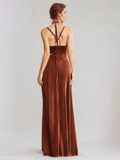 Burnt Orange Velvet A Line Spaghetti Straps Sleeveless Floor Length Dress