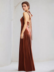 Burnt Orange Velvet A Line Spaghetti Straps Sleeveless Floor Length Dress