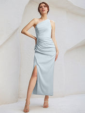 Baby Blue Sheath/Column Satin One Shoulder Sleeveless Ankle Length Bridesmaid Dresses