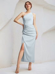 Baby Blue Sheath/Column Satin One Shoulder Sleeveless Ankle Length Bridesmaid Dresses