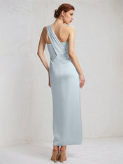 Baby Blue Sheath/Column Satin One Shoulder Sleeveless Ankle Length Bridesmaid Dresses