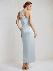 Baby Blue Sheath/Column Satin One Shoulder Sleeveless Ankle Length Bridesmaid Dresses