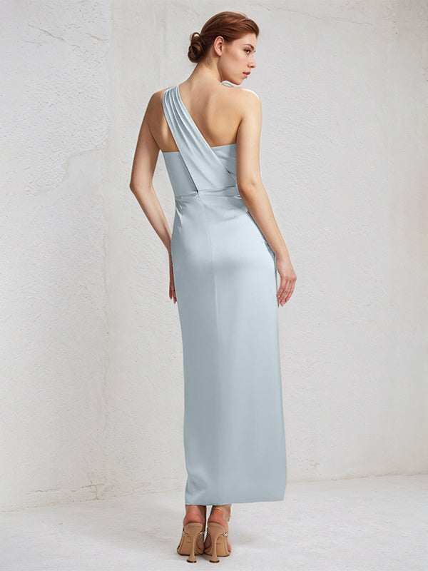 Baby Blue Sheath/Column Satin One Shoulder Sleeveless Ankle Length Bridesmaid Dresses