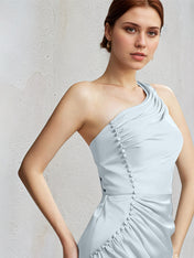 Baby Blue Sheath/Column Satin One Shoulder Sleeveless Ankle Length Bridesmaid Dresses