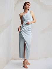 Baby Blue Sheath/Column Satin One Shoulder Sleeveless Ankle Length Bridesmaid Dresses