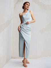 Baby Blue Sheath/Column Satin One Shoulder Sleeveless Ankle Length Bridesmaid Dresses