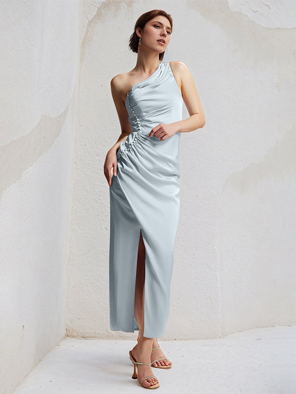 Baby Blue Sheath/Column Satin One Shoulder Sleeveless Ankle Length Bridesmaid Dresses