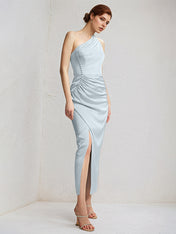 Baby Blue Sheath/Column Satin One Shoulder Sleeveless Ankle Length Bridesmaid Dresses