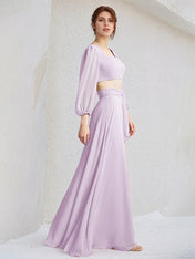Lilac A Line Chiffon Square Neck Long Sleeves Floor Length Bridesmaid Dresses
