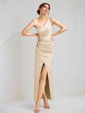 Champagne Satin Sheath/Column One Shoulder Sleeveless Floor Length Bridesmaid Dress
