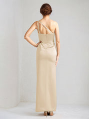 Champagne Satin Sheath/Column One Shoulder Sleeveless Floor Length Bridesmaid Dress