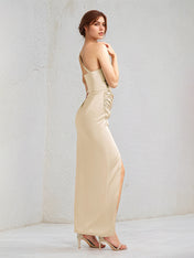 Champagne Satin Sheath/Column One Shoulder Sleeveless Floor Length Bridesmaid Dress