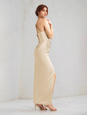 Champagne Satin Sheath/Column One Shoulder Sleeveless Floor Length Bridesmaid Dress
