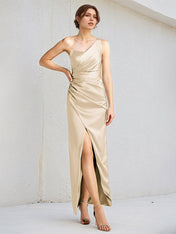 Champagne Satin Sheath/Column One Shoulder Sleeveless Floor Length Bridesmaid Dress