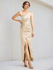 Champagne Satin Sheath/Column One Shoulder Sleeveless Floor Length Bridesmaid Dress