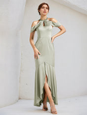 Sage Trumpet/Mermaid Satin Halter Neck Sleeveless Floor Length Bridesmaid Dresses