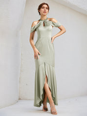 Sage Trumpet/Mermaid Satin Halter Neck Sleeveless Floor Length Bridesmaid Dresses