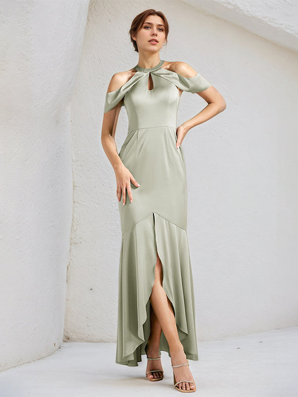 Sage Trumpet/Mermaid Satin Halter Neck Sleeveless Floor Length Bridesmaid Dresses