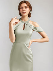 Sage Trumpet/Mermaid Satin Halter Neck Sleeveless Floor Length Bridesmaid Dresses