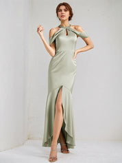 Sage Trumpet/Mermaid Satin Halter Neck Sleeveless Floor Length Bridesmaid Dresses