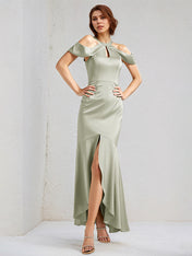 Sage Trumpet/Mermaid Satin Halter Neck Sleeveless Floor Length Bridesmaid Dresses