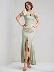 Sage Trumpet/Mermaid Satin Halter Neck Sleeveless Floor Length Bridesmaid Dresses