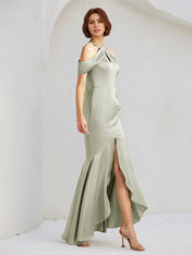 Sage Trumpet/Mermaid Satin Halter Neck Sleeveless Floor Length Bridesmaid Dresses