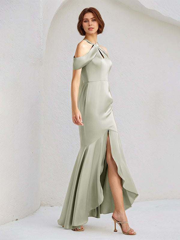 Sage Trumpet/Mermaid Satin Halter Neck Sleeveless Floor Length Bridesmaid Dresses