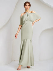 Sage Trumpet/Mermaid Satin Halter Neck Chiffon Short Sleeves Floor Length Bridesmaid Dresses