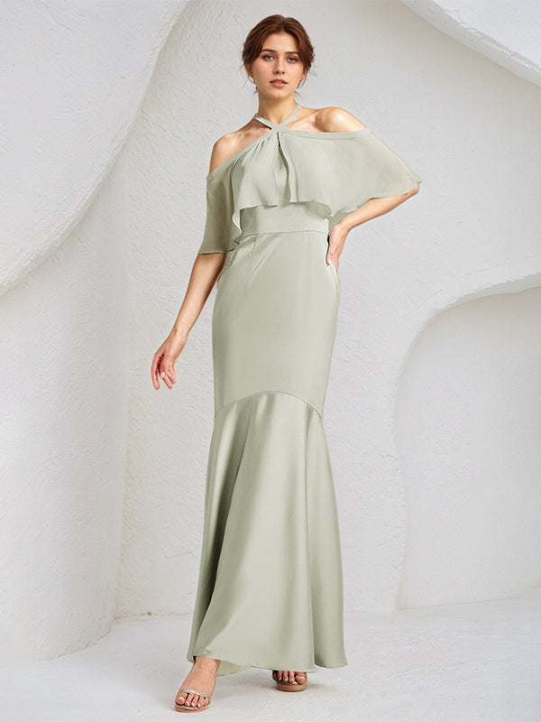 Dreamylily Women Sage Trumpet/Mermaid Satin Halter Neck Chiffon Short Sleeves Floor Length Bridesmaid Dresses