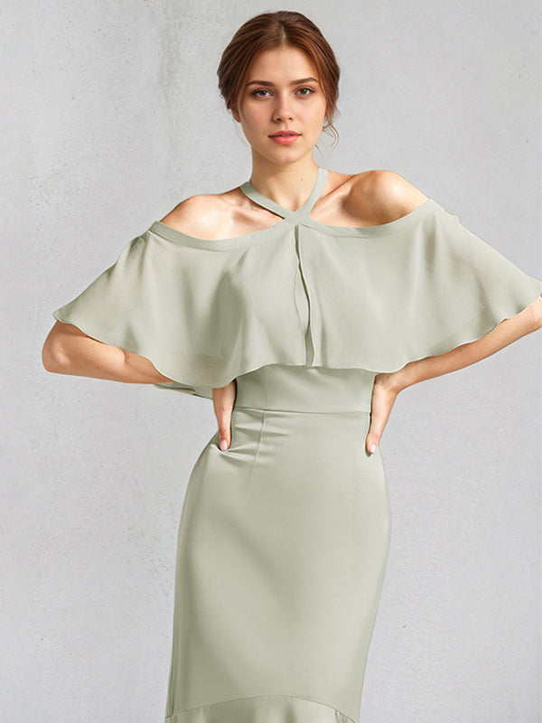 Dreamylily Women Sage Trumpet/Mermaid Satin Halter Neck Chiffon Short Sleeves Floor Length Bridesmaid Dresses