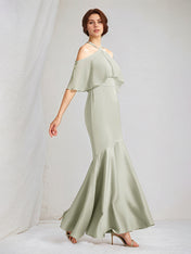 Sage Trumpet/Mermaid Satin Halter Neck Chiffon Short Sleeves Floor Length Bridesmaid Dresses
