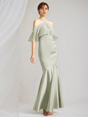 Sage Trumpet/Mermaid Satin Halter Neck Chiffon Short Sleeves Floor Length Bridesmaid Dresses