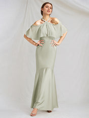 Sage Trumpet/Mermaid Satin Halter Neck Chiffon Short Sleeves Floor Length Bridesmaid Dresses